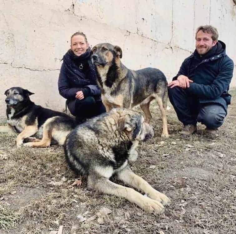 Drei Straßenhunde mit den Regisseuren von Space Dogs.